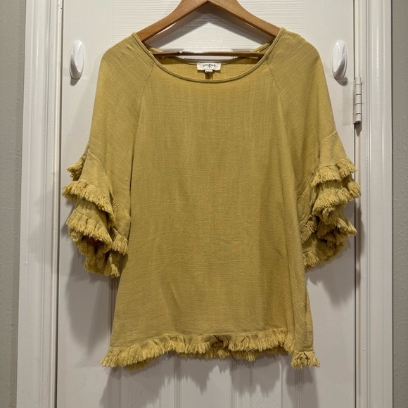 Umgee Womens Blouse Women’s S Yellow Linen Blend Ruffled Fringed Boho Hippie - Picture 2 of 9